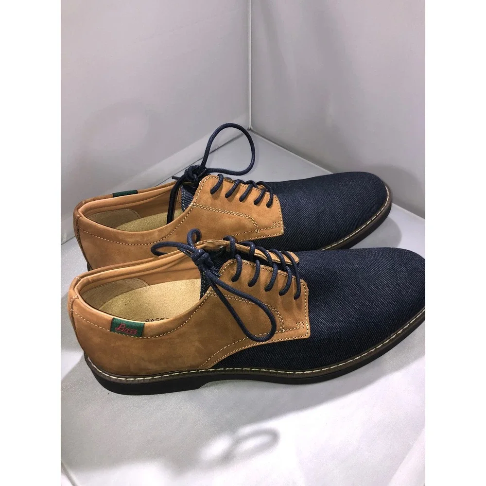 GH Bass Patterson Mens 10 M Navy Tan Fabric Leather Oxford Shoes 0401-1197-414